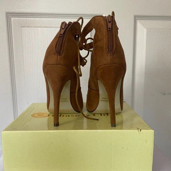 CHASE & CHLOE "Edward" BROWN Suede Peep toe Lace -Up Booties Heels Shoes *8 M* - Picture 4 of 6